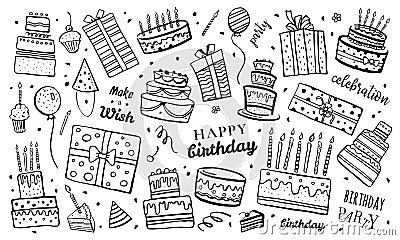 Set of stylized birthday cakes, gift boxes, balloons and decorations. Hand drawn cartoon vector sketch isolated illustration Vector Illustration